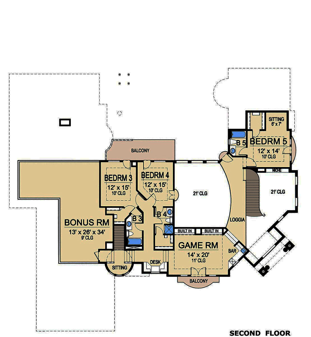 Floor Plan Second Story of Mediterranean Plan #195-1081