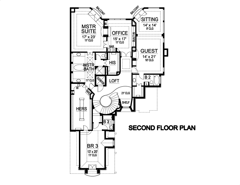 Floor Plan Second Story of Mediterranean Plan #195-1089