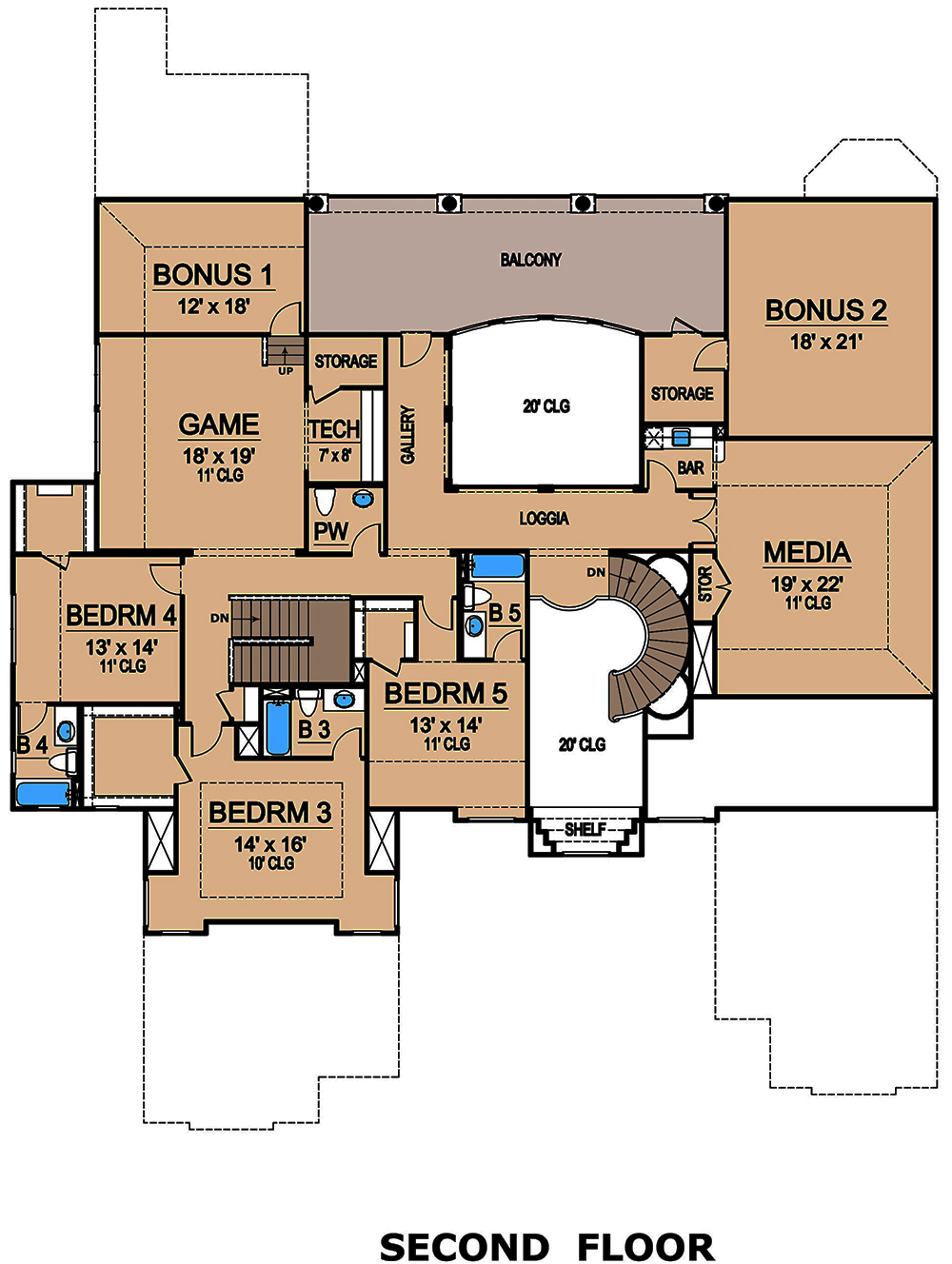 Floor Plan Second Story of Mediterranean Plan #195-1166