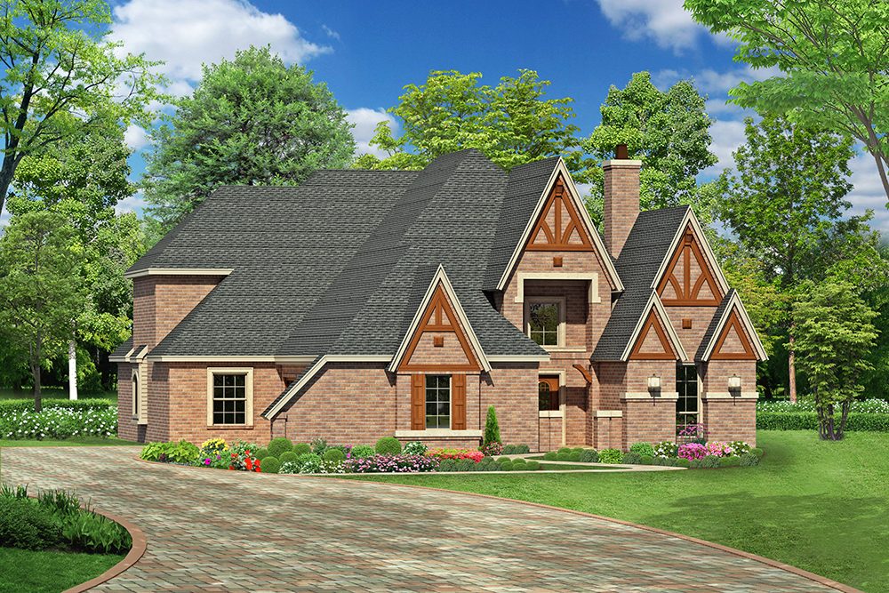 Front elevation of Tudor home (ThePlanCollection: House Plan #195-1174)
