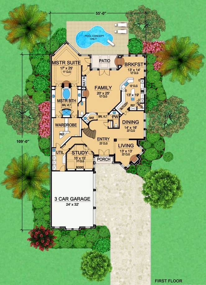 Floor Plan Main Level of Mediterranean Plan #195-1261