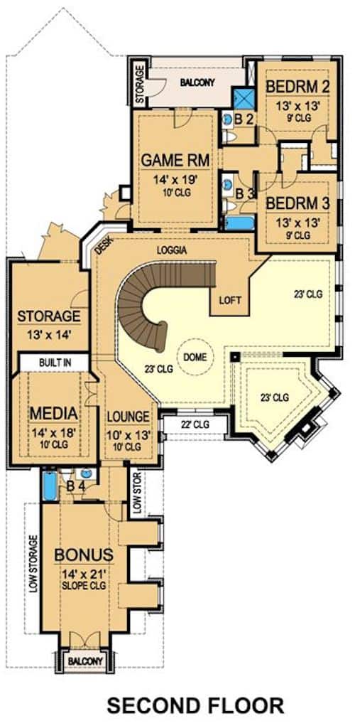 Floor Plan Upper Level of Mediterranean Plan #195-1261