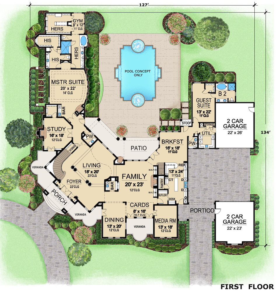 Floor Plan Main Level of Spanish Plan #195-1282