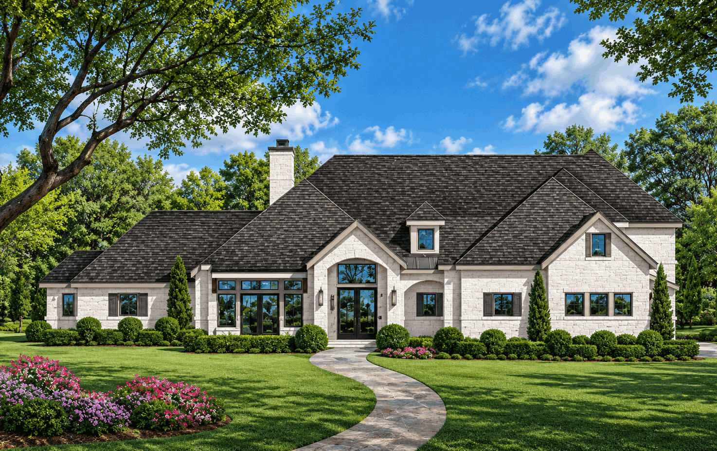 Front elevation of French home (ThePlanCollection: House Plan #195-1358)