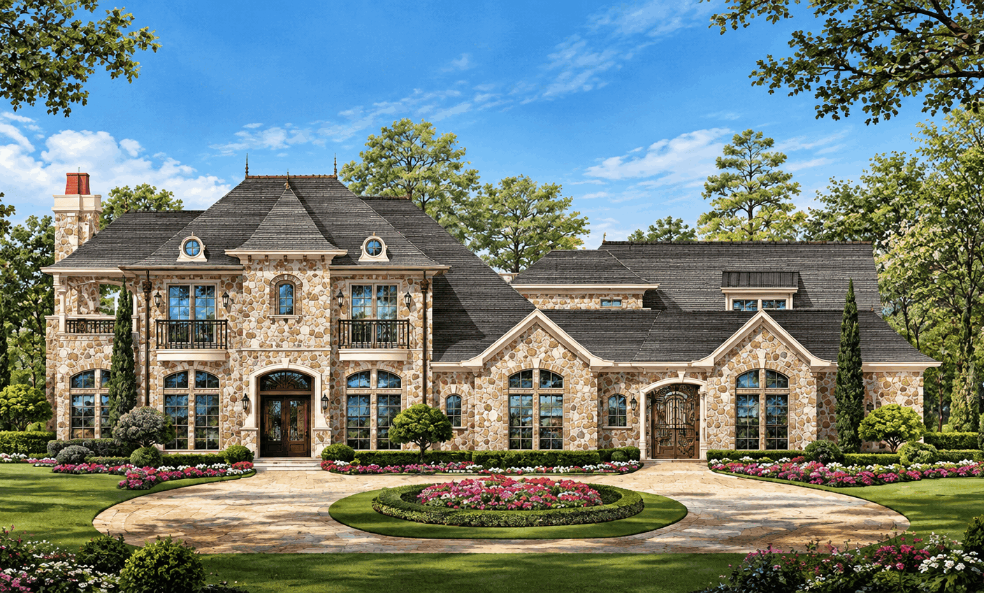 Front elevation of European home (ThePlanCollection: House Plan #195-1367)