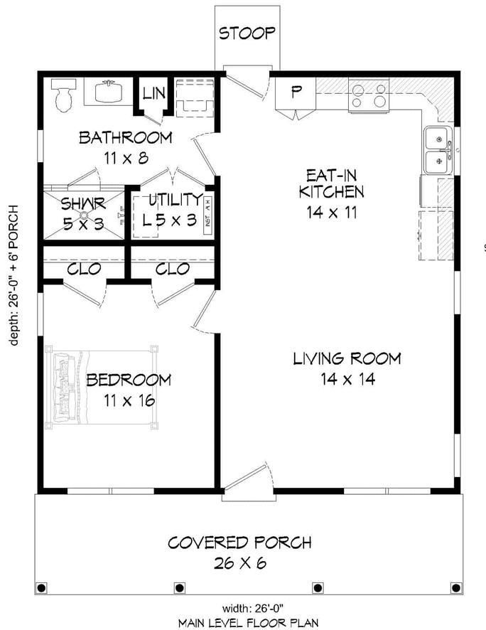 Small House Plan with Eat-In Kitchen - 1 Bed, 676 Sq Ft - #196-1112