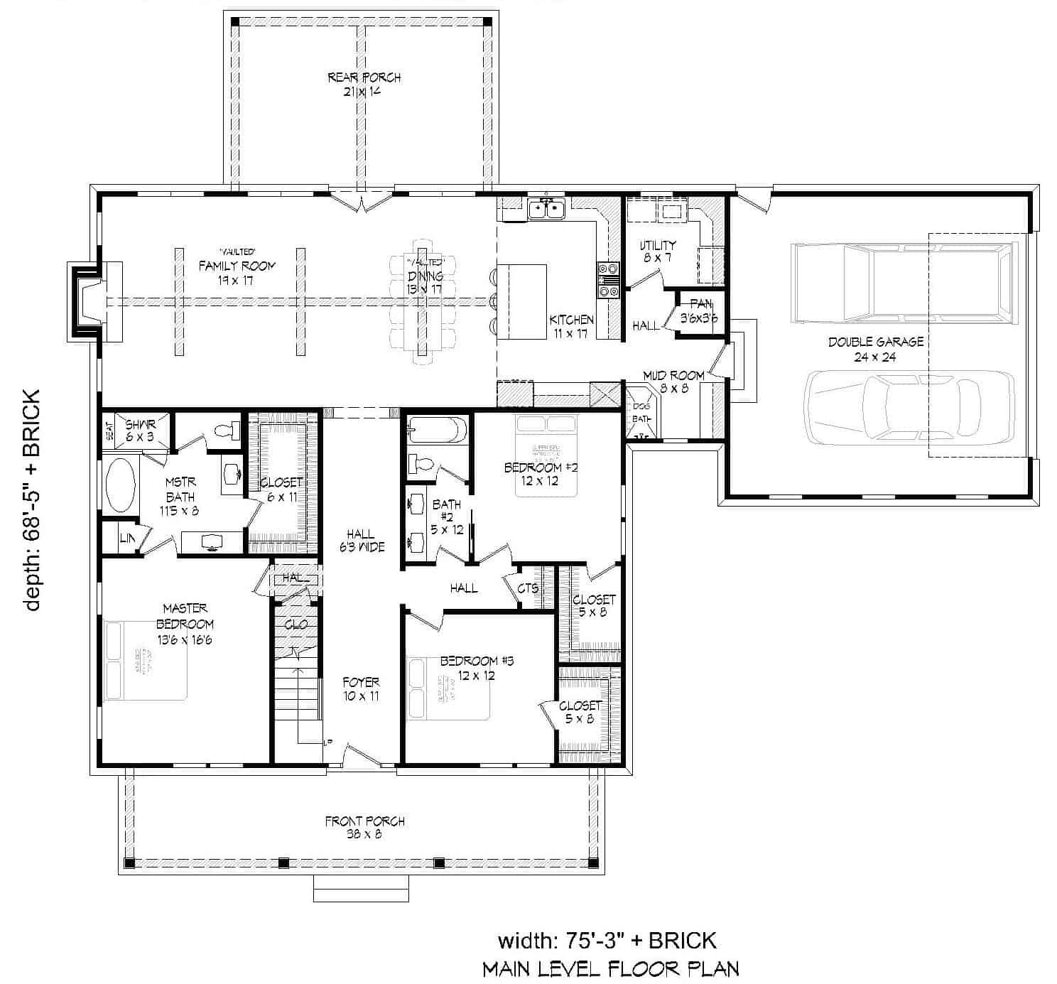 Floor Plan Main Level of Country Plan #196-1149