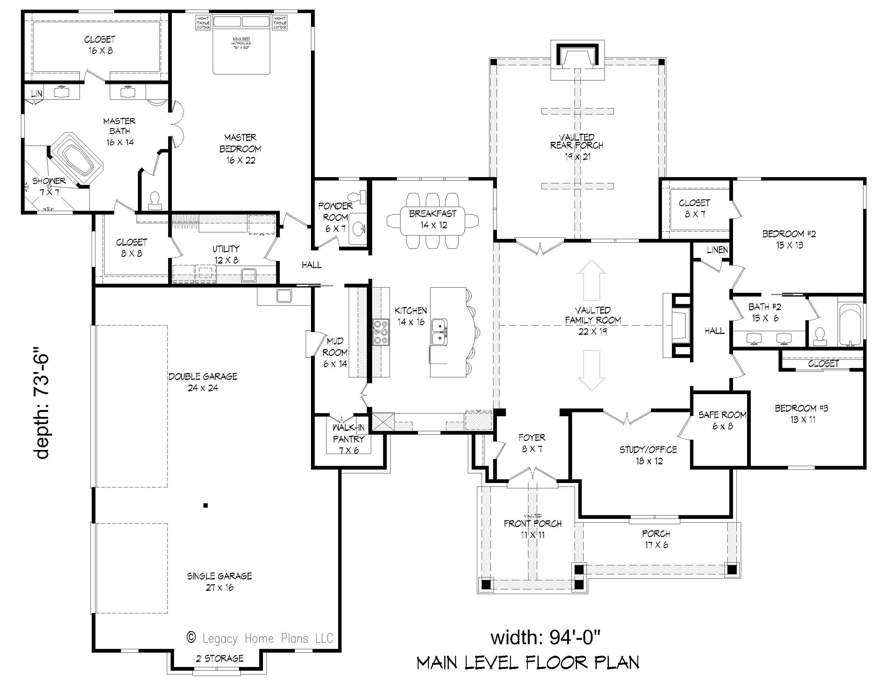 Floor Plan Main Level of European Plan #196-1164