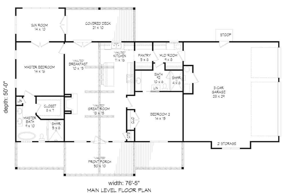Floor Plan Main Level of Ranch Plan #196-1199