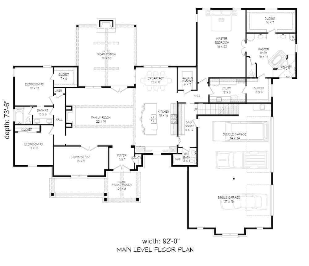 Floor Plan Main Level of French Plan #196-1208
