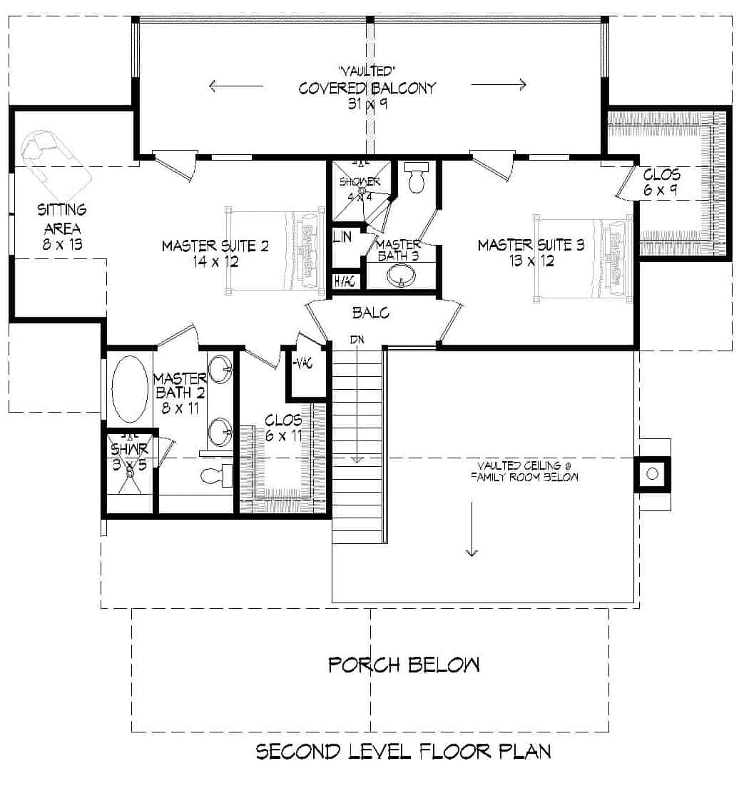 Upper Level of Farmhouse Plan #196-1277