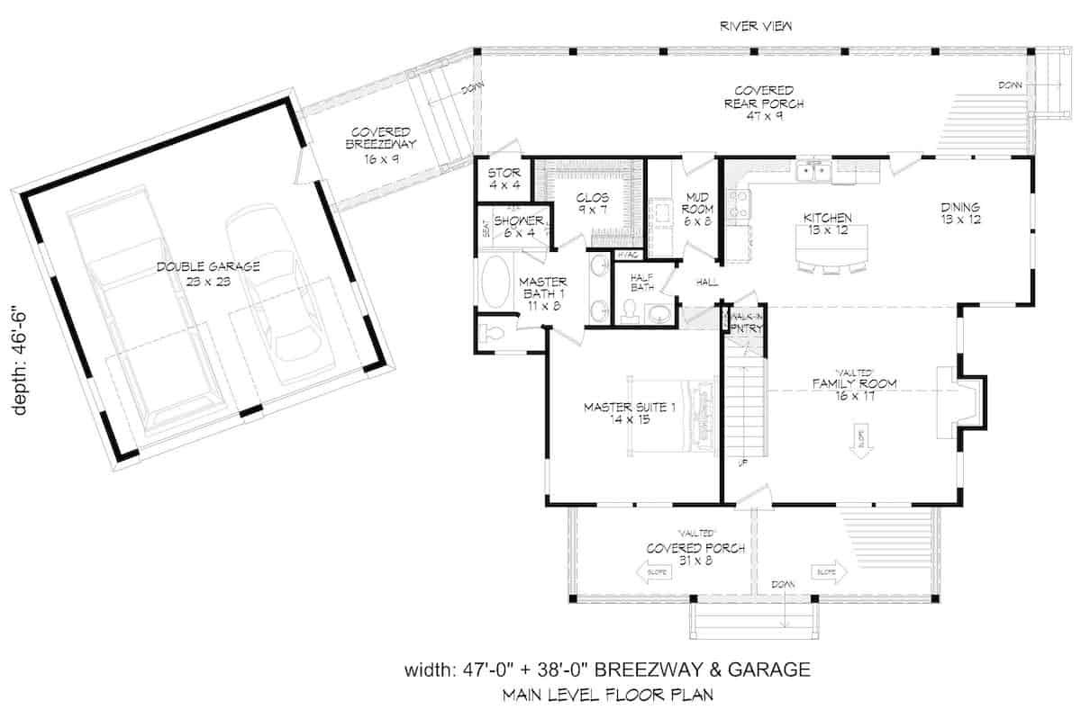Main Level of Farmhouse Plan #196-1277