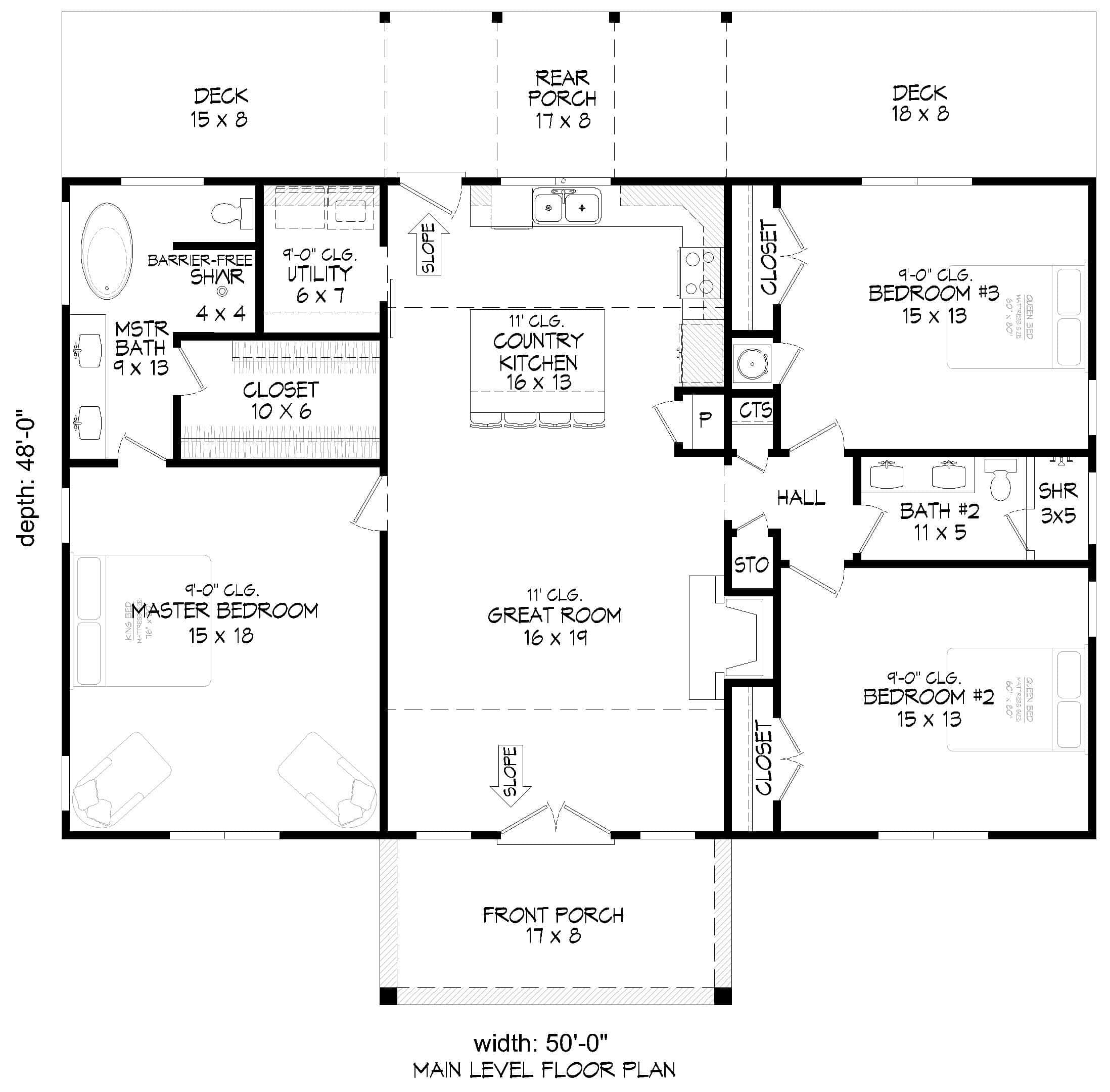 Main Level of Cottage Plan #196-1894