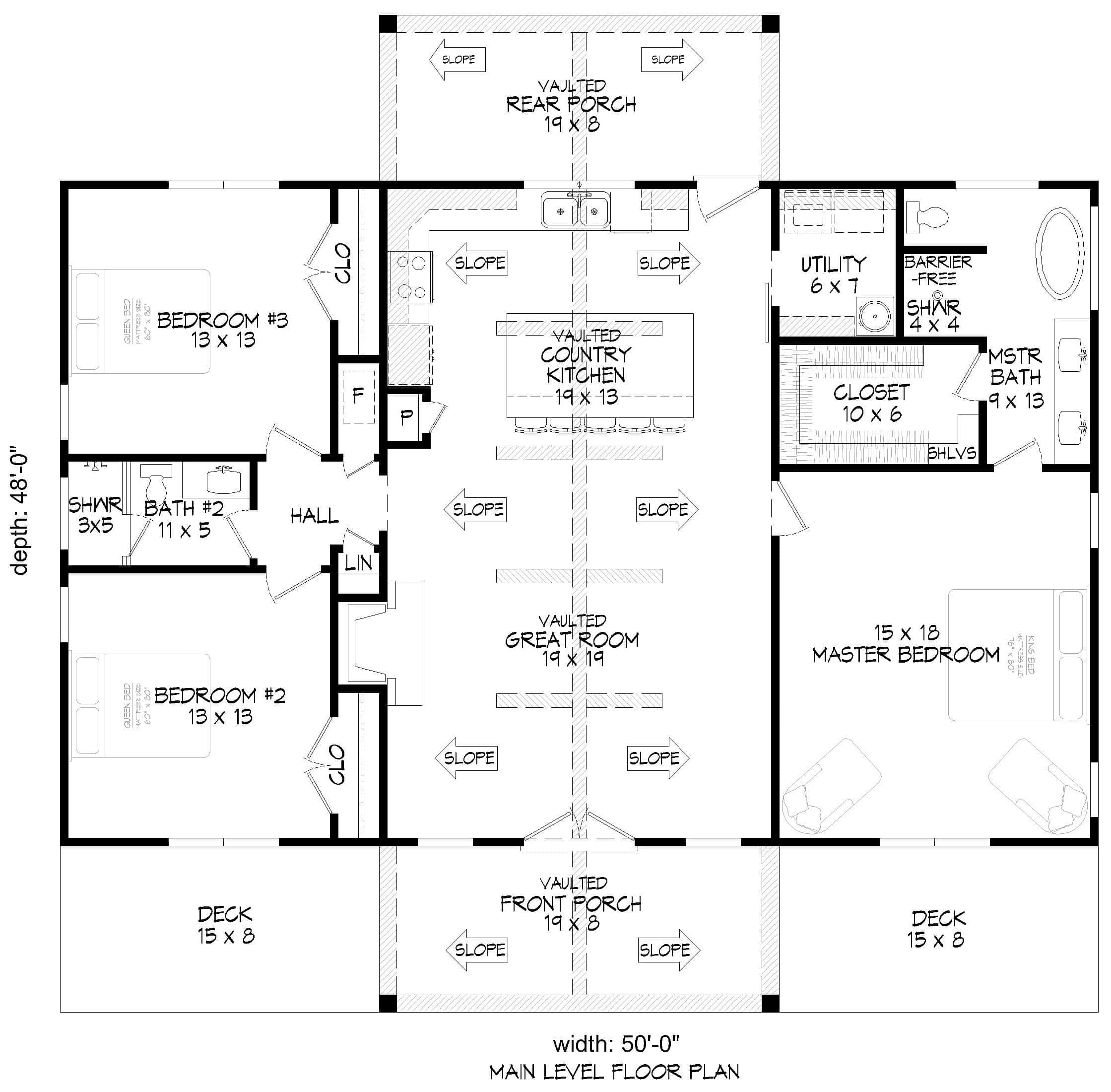 Main Level of Farmhouse Plan #196-1895