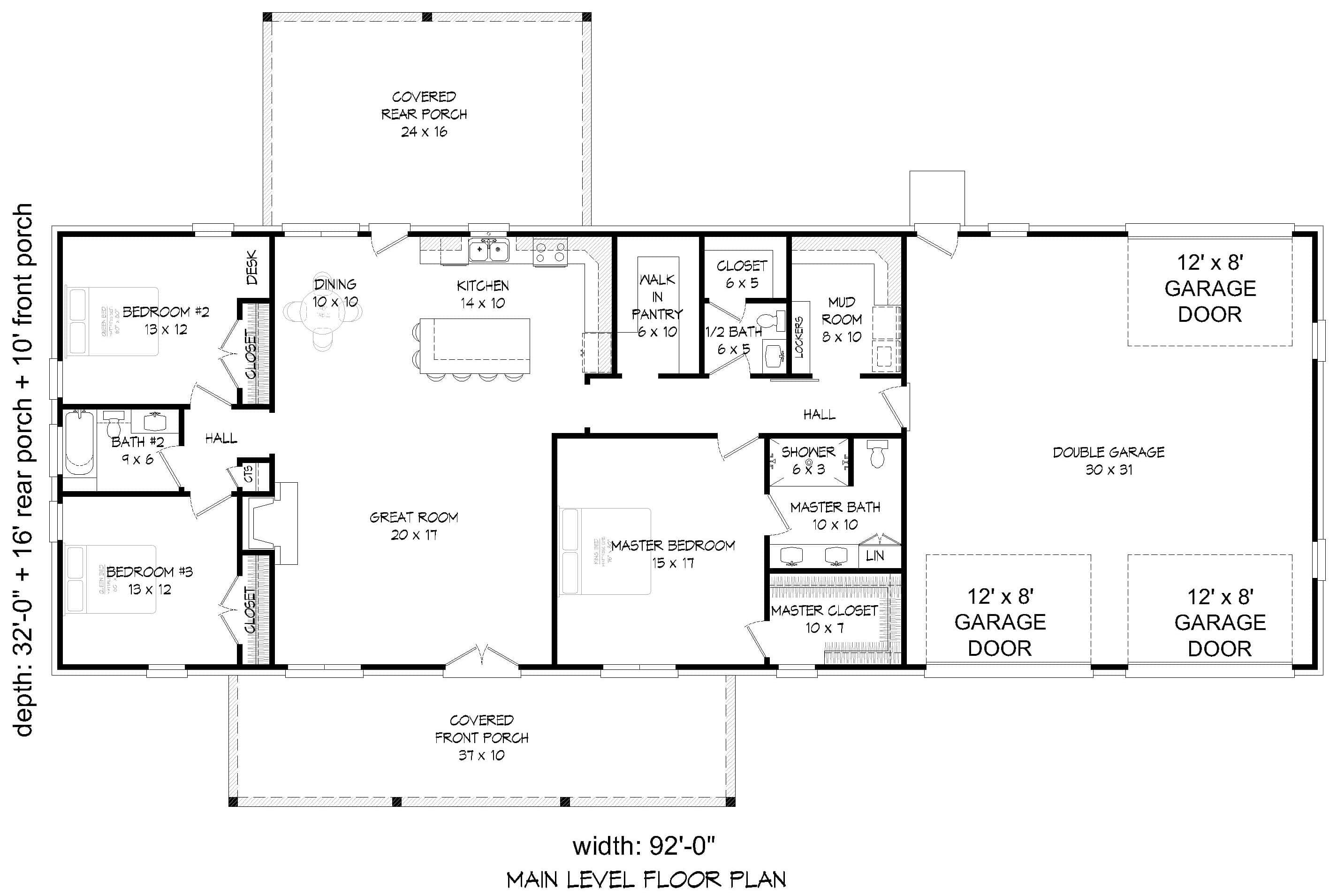 Main Level of Farmhouse Plan #196-1906