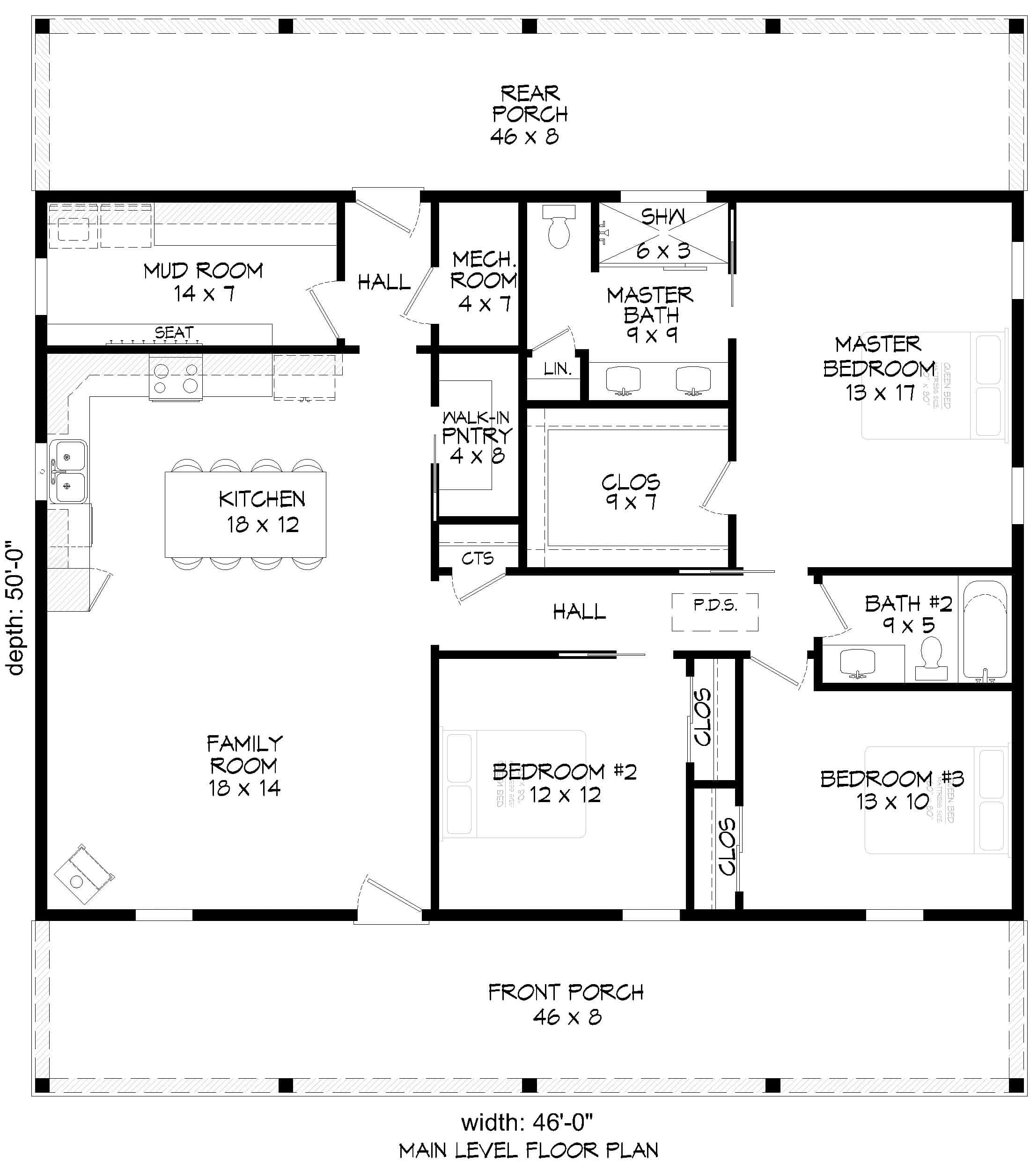 Main Level of Farmhouse Plan #196-1949