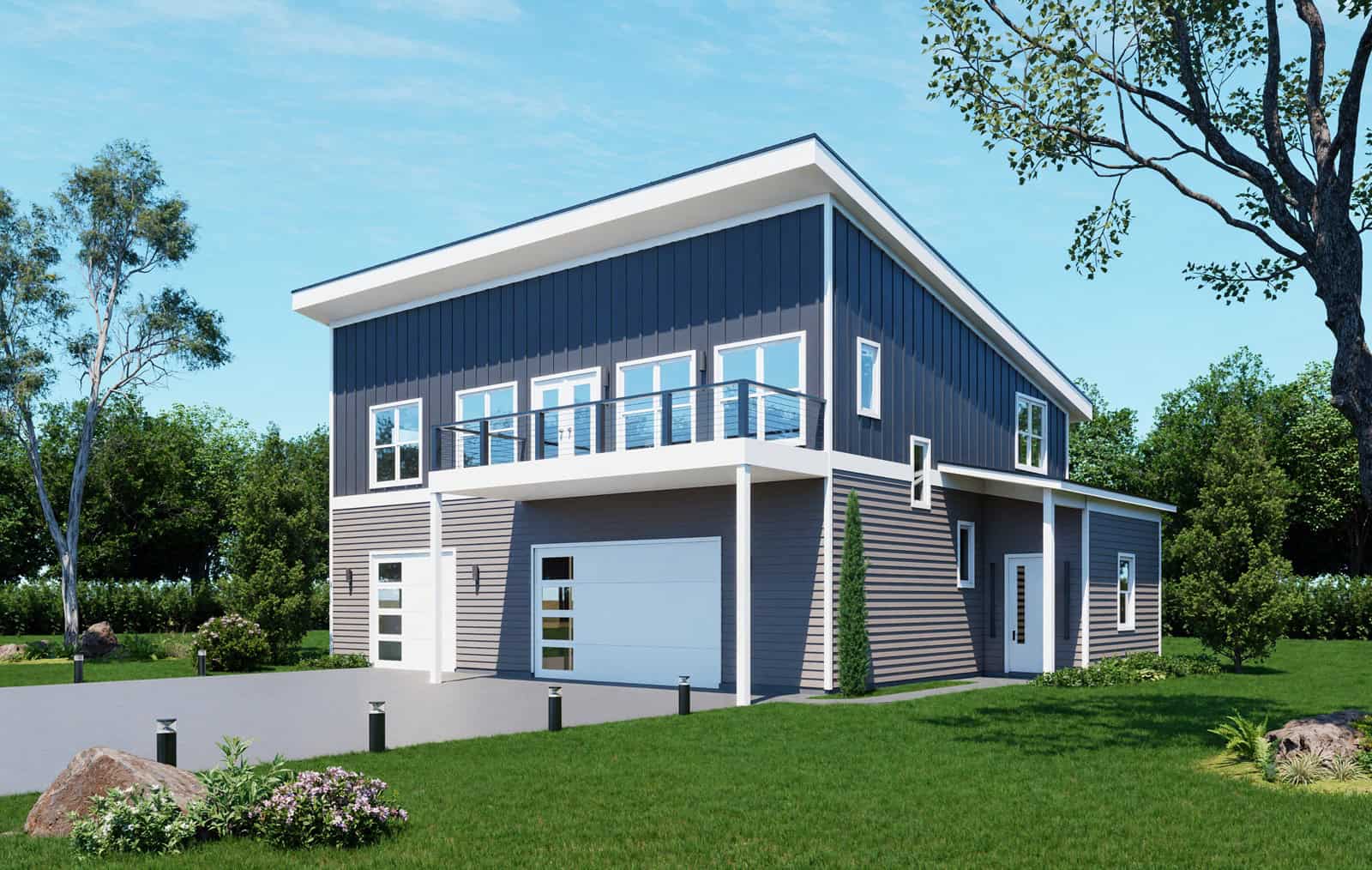 A two-story Modern home with metal shed roofline, board-and-batten and lap siding, and a drive-under garage. 3 beds, 1,914 sq ft - Plan #196-1963.