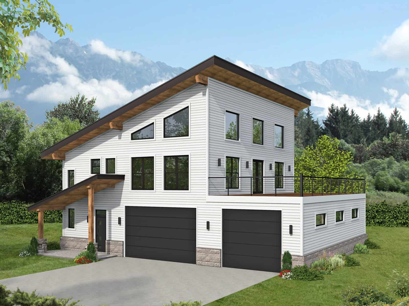 A Modern design with a shed roof in standing-seam metal, a front-entry garage, and a covered entry porch. 2 beds, 1,803 sq ft - Plan #196-1969.