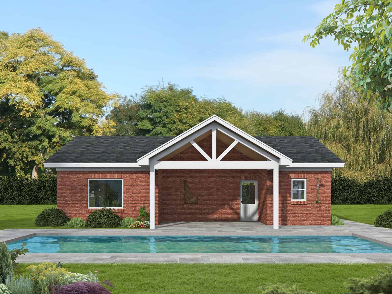 Brick Craftsman garage with covered front porch, gable roofline, and vaulted ceilings. 0 beds, 558 sq ft - Plan #196-1972.