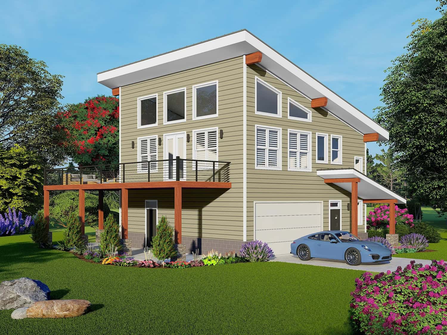 A Contemporary design with shed roofline, lap siding, covered front porch, and second-floor sundeck. 3 beds, 1,737 sq ft - Plan #196-1973.