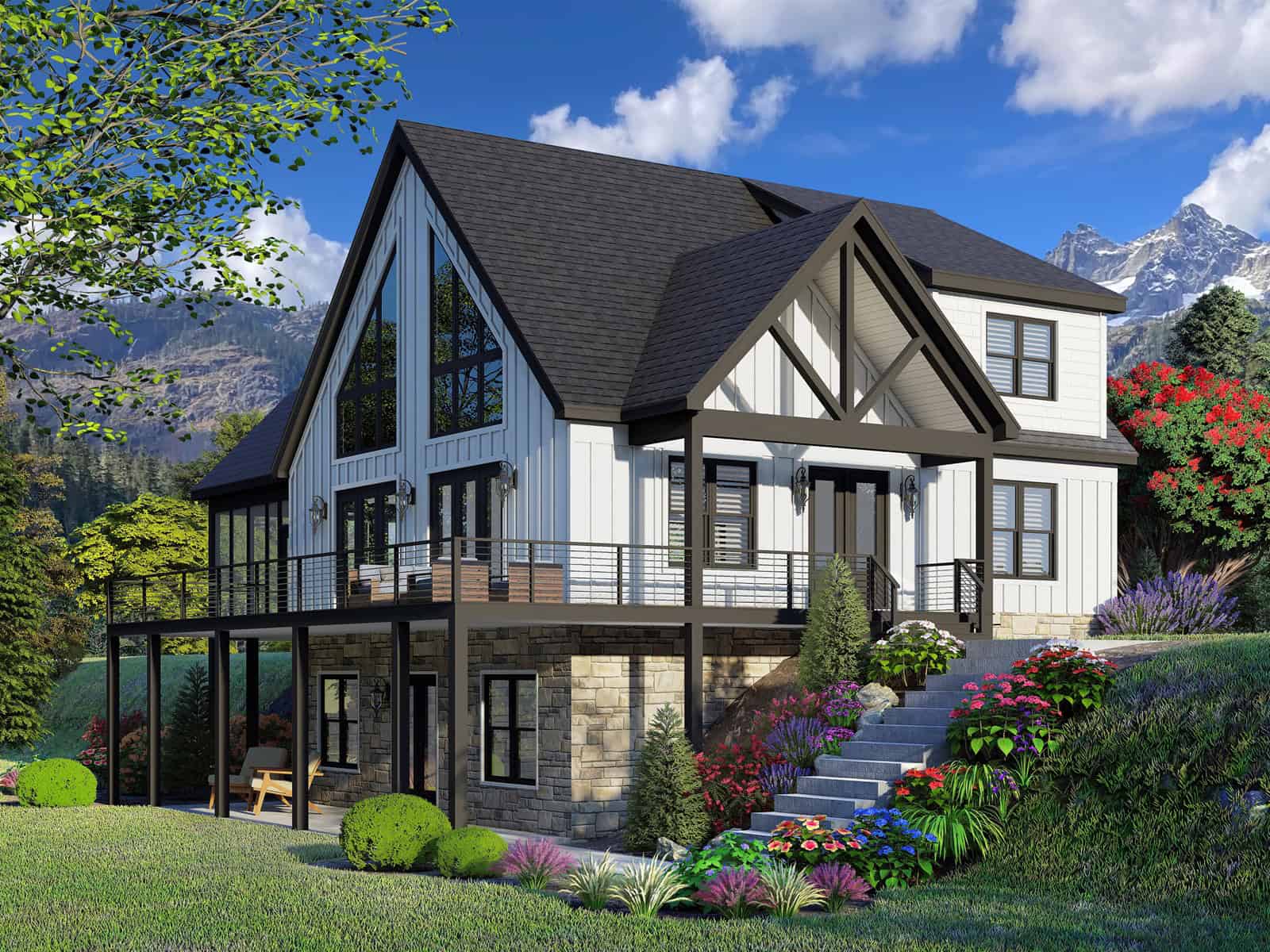 A-Frame cabin elevation with board-and-batten siding, stone base accents, and a covered front porch beneath the steeply pitched roofline. 4 beds, 2,043 sq ft — Plan #196-1991.