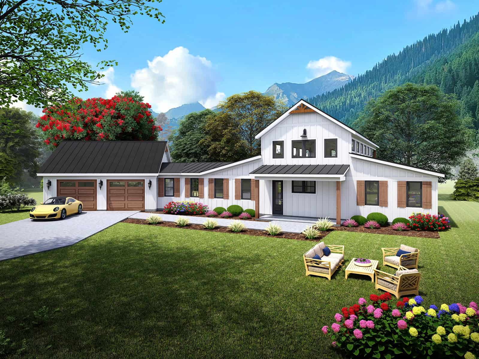 Barndominium elevation with board-and-batten siding, metal gable roof, covered front porch, and front-entry 2-car garage. 3 beds, 2,073 sq ft — Plan #196-2009.