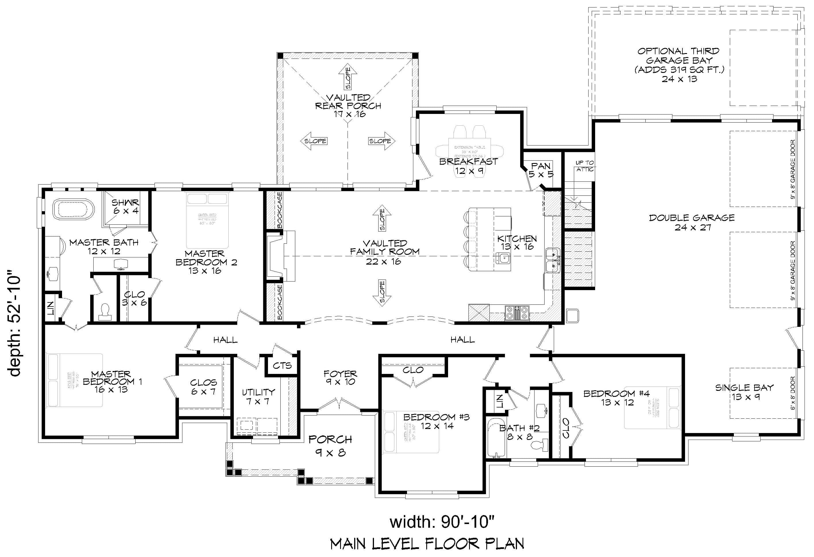 Main Level of Farmhouse Plan #196-2012