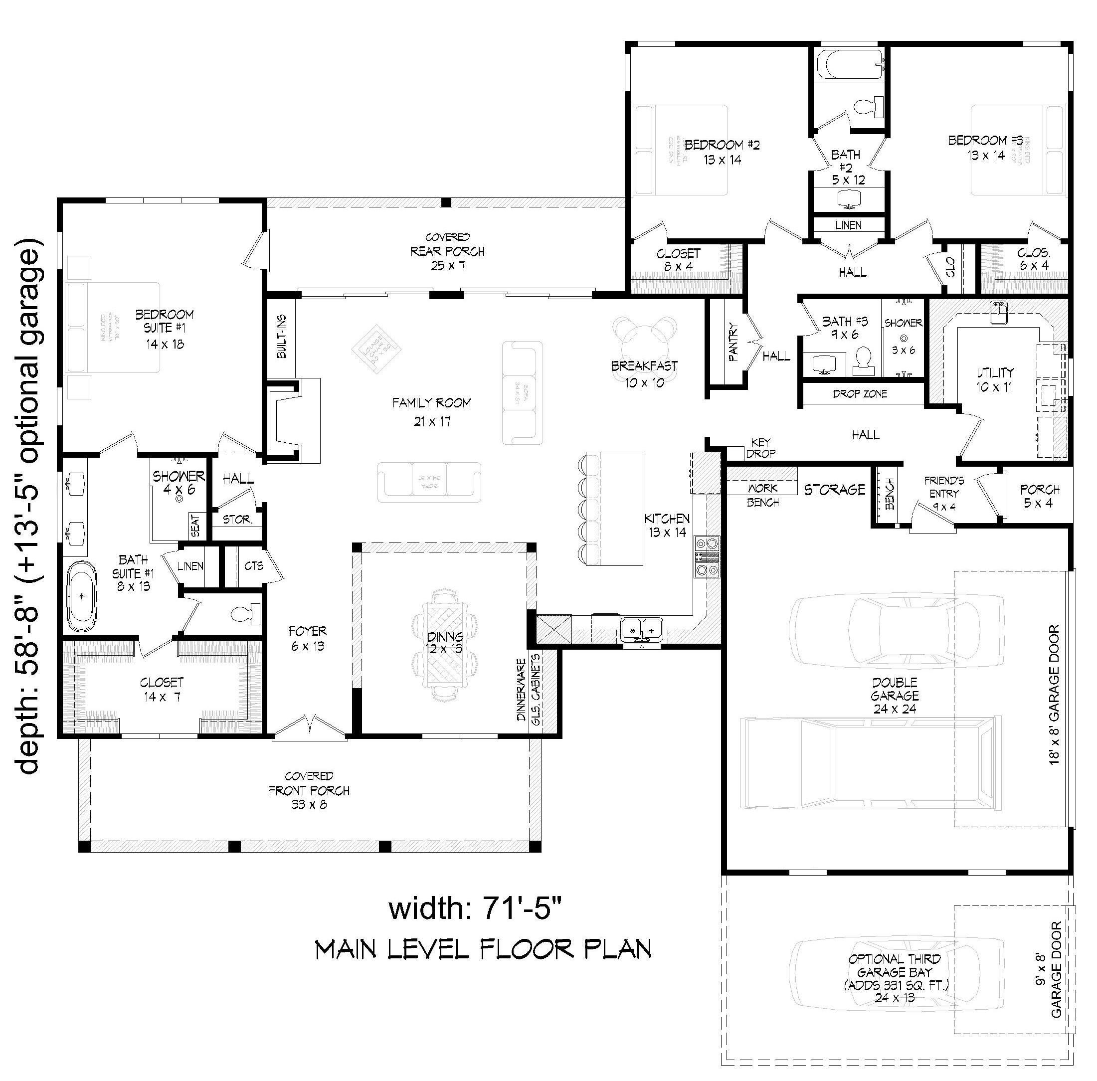 Main Level of Modern Farmhouse Plan #196-2015