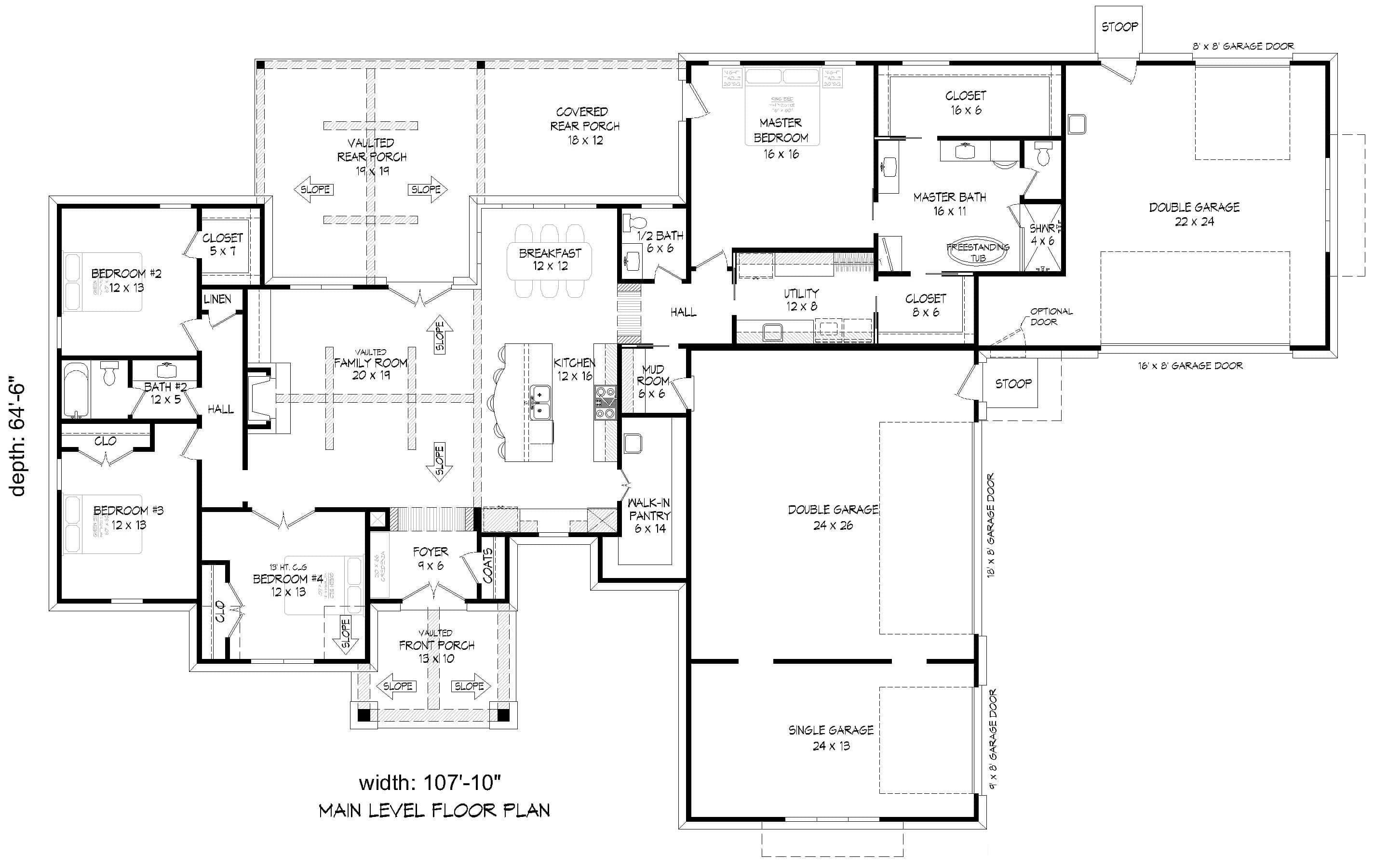 Main Level of Modern Farmhouse Plan #196-2016