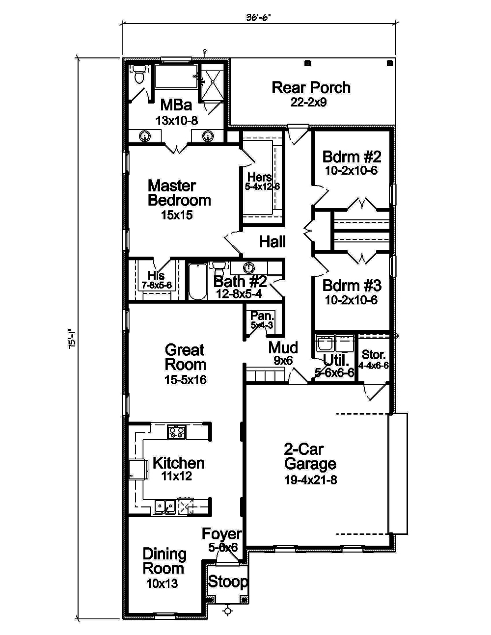 Floor Plan First Story of Country Plan #197-1022