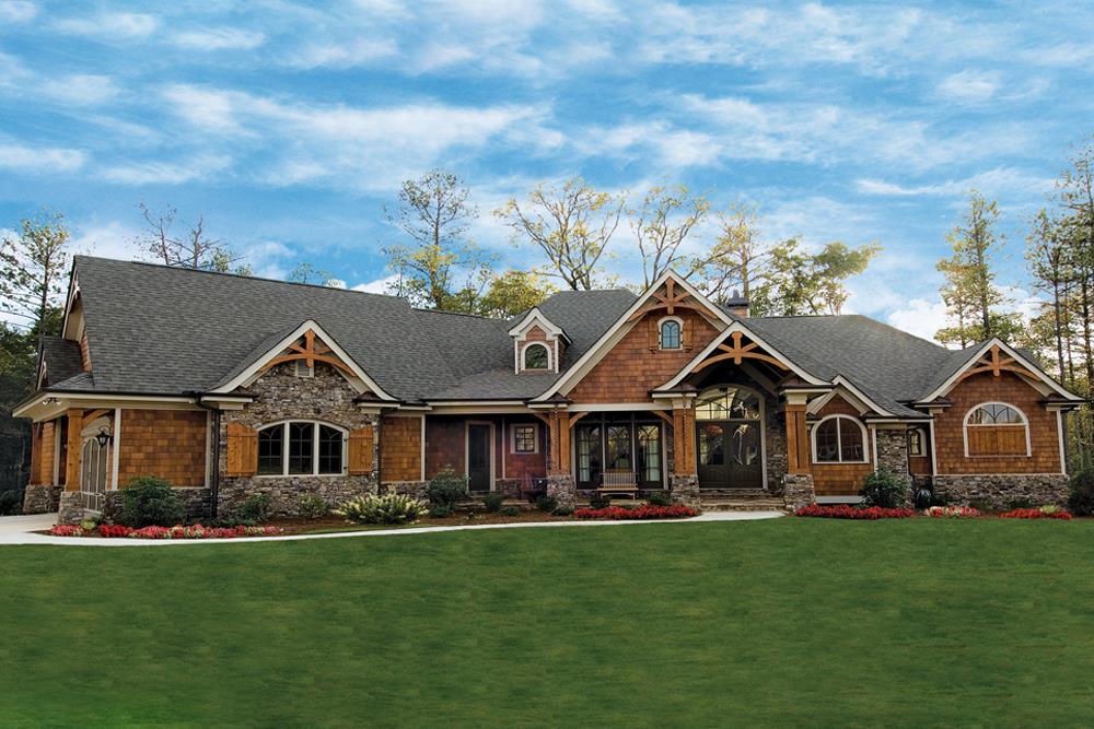 Front elevation of Craftsman home (ThePlanCollection: House Plan #198-1001)