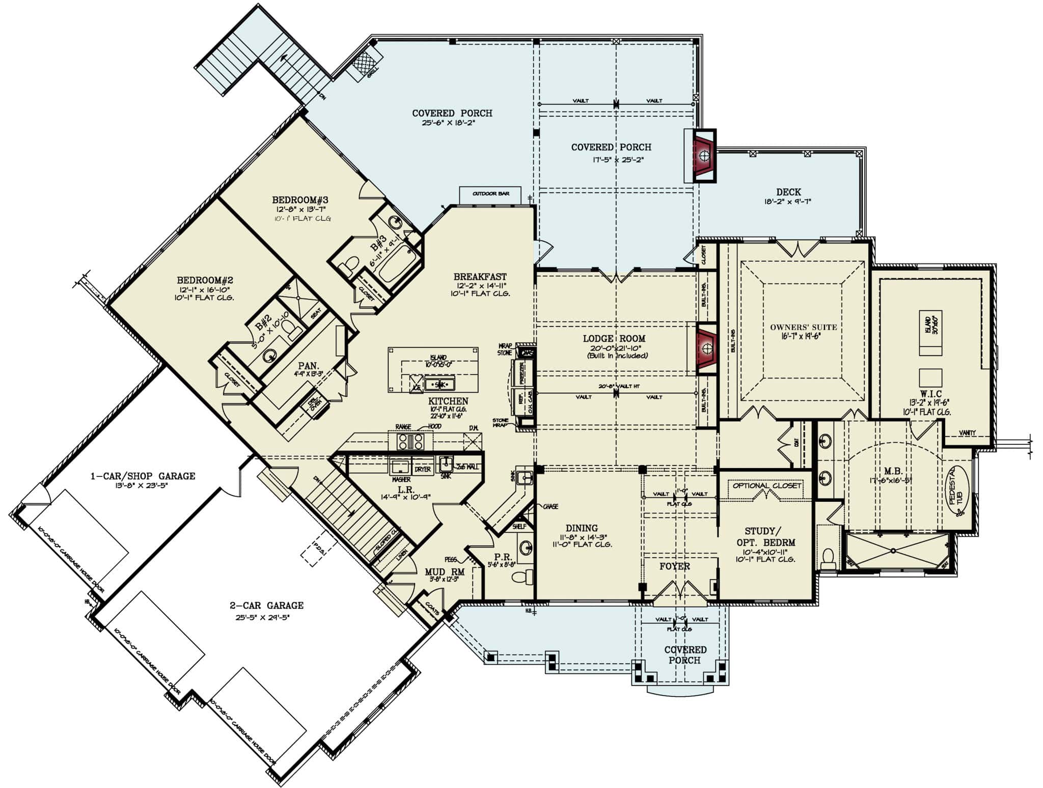 Main Level of Craftsman Plan #198-1188