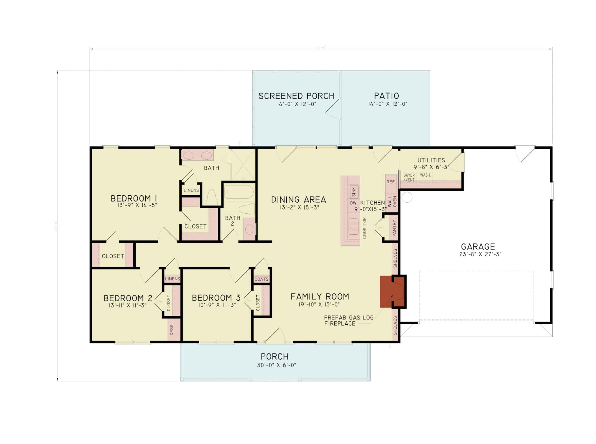 Main Level of Bungalow Plan #198-1226