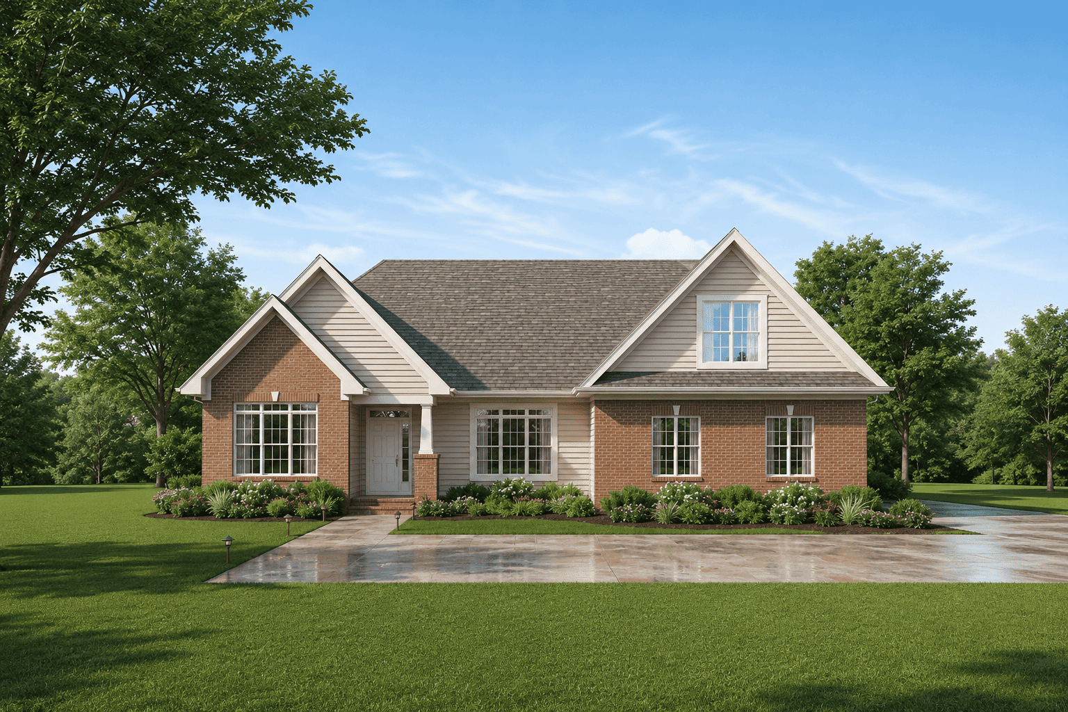 Traditional facade with covered front porch, brick siding, and screened rear porch. 3 beds, 2 baths, 1,489 sq ft - Plan #198-1228