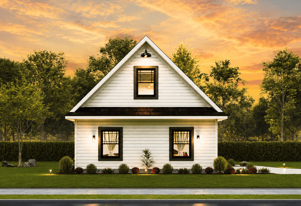 Cottage garage apartment featuring a steep 12/12 gable roofline, narrow 24-foot width, and two-story stacked design with substantial ground-level garage footprint. 1 bed, 480 sq ft - Plan #198-1233