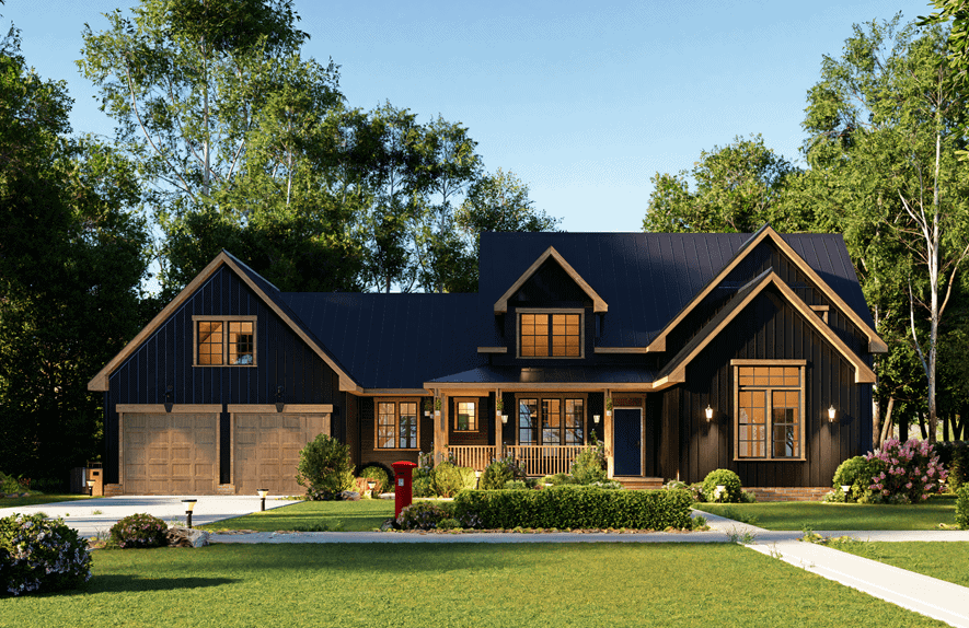 Farmhouse facade with board-and-batten siding, steep gable and dormer, standing-seam metal roof, and covered front porch. 5 beds, 2,689 sq ft - Plan #198-1246