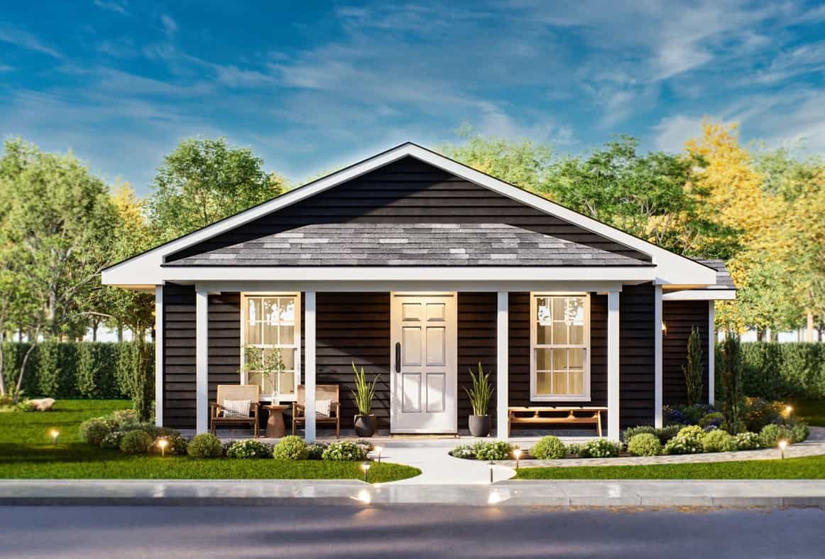A Ranch elevation with covered front porch, gable roofline, and vinyl or wood siding options. 4 beds, 1,187 sq ft - Plan #198-1260.