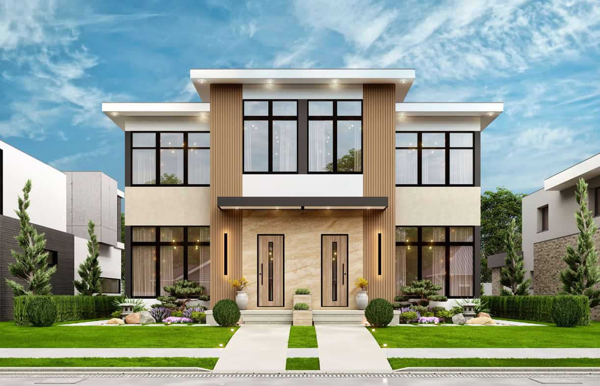Contemporary elevation with flat roofline, vinyl siding, and stacked configuration optimized for narrow-lot placement. 6 beds, 3,460 sq ft - Plan #198-1267