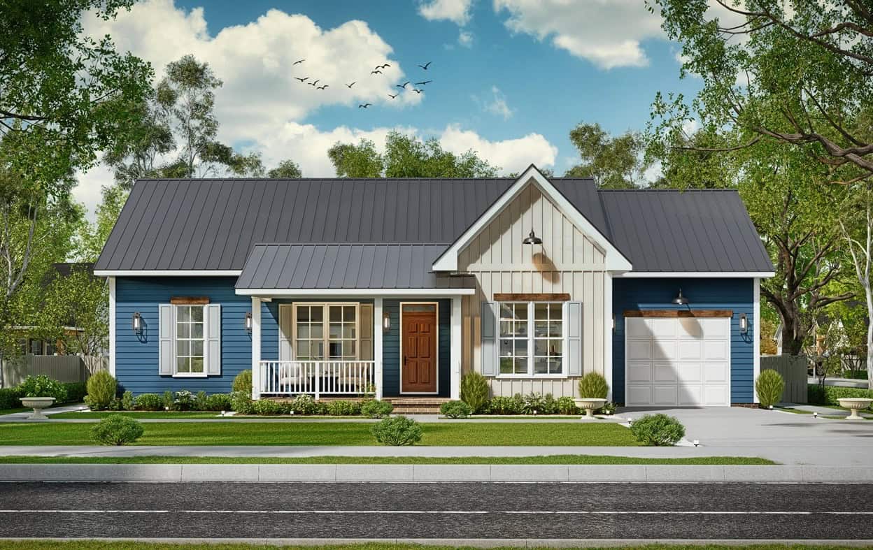 Bungalow facade with metal gable roofing, covered front porch, and vinyl siding details. 3 beds, 2 baths - Plan #198-1269