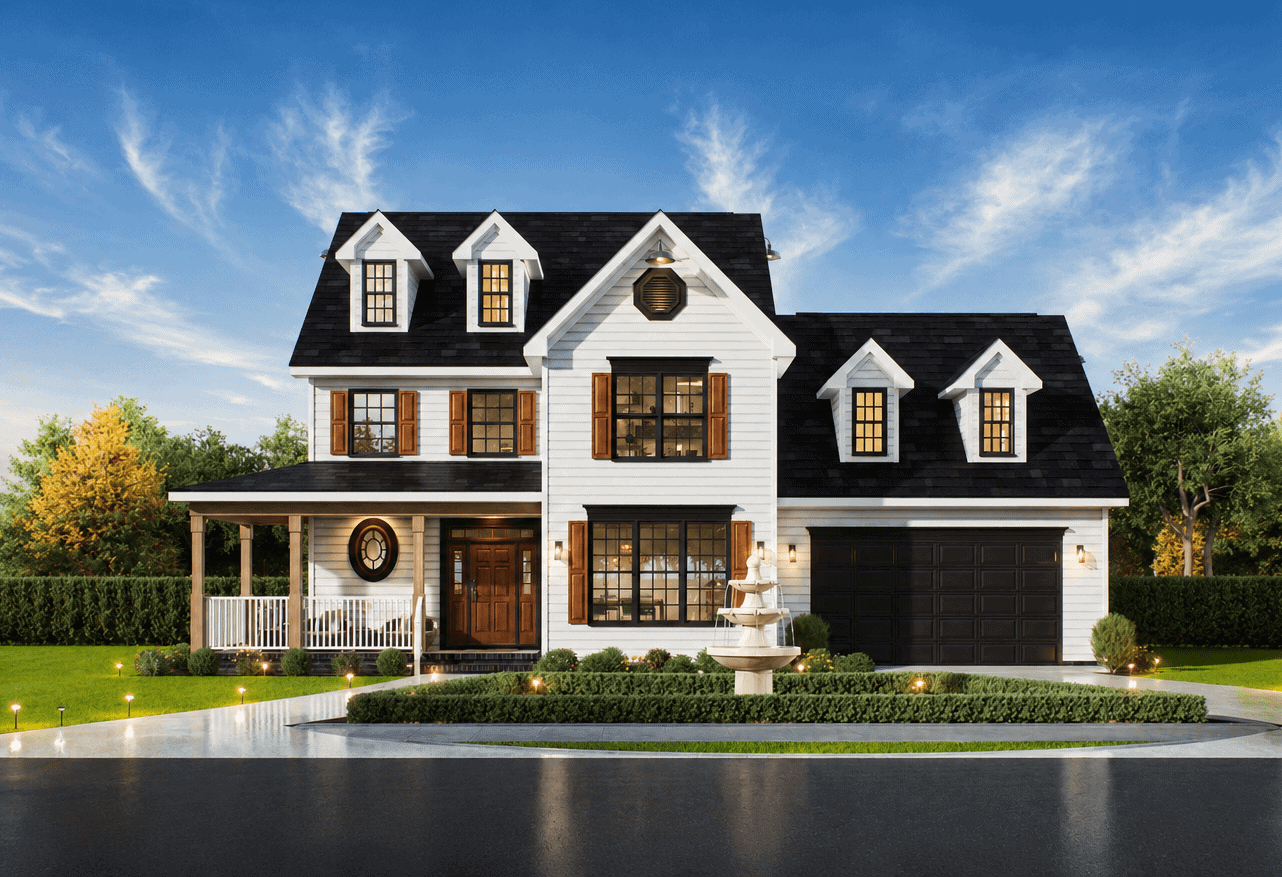 Farmhouse facade with covered front porch, dormer accent, and gable roofline detail. 3 beds, 2,391 sq ft - Plan #198-1277.