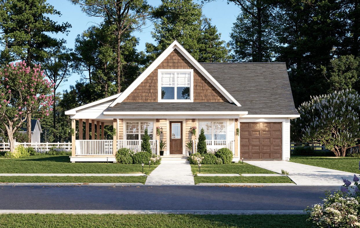 Craftsman bungalow facade with deep wraparound porch, steep gable roofline, and wood-shake siding. 3 beds, 1,272 sq ft - Plan #198-1288.