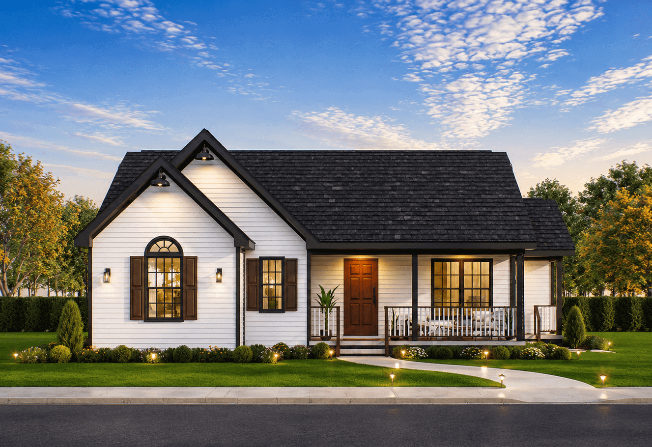Country Ranch facade with wraparound porch spanning two sides and vinyl siding. Gable roofline and traditional proportions define this compact single-story design. 3 beds, 1,287 sq ft - Plan #198-1292.
