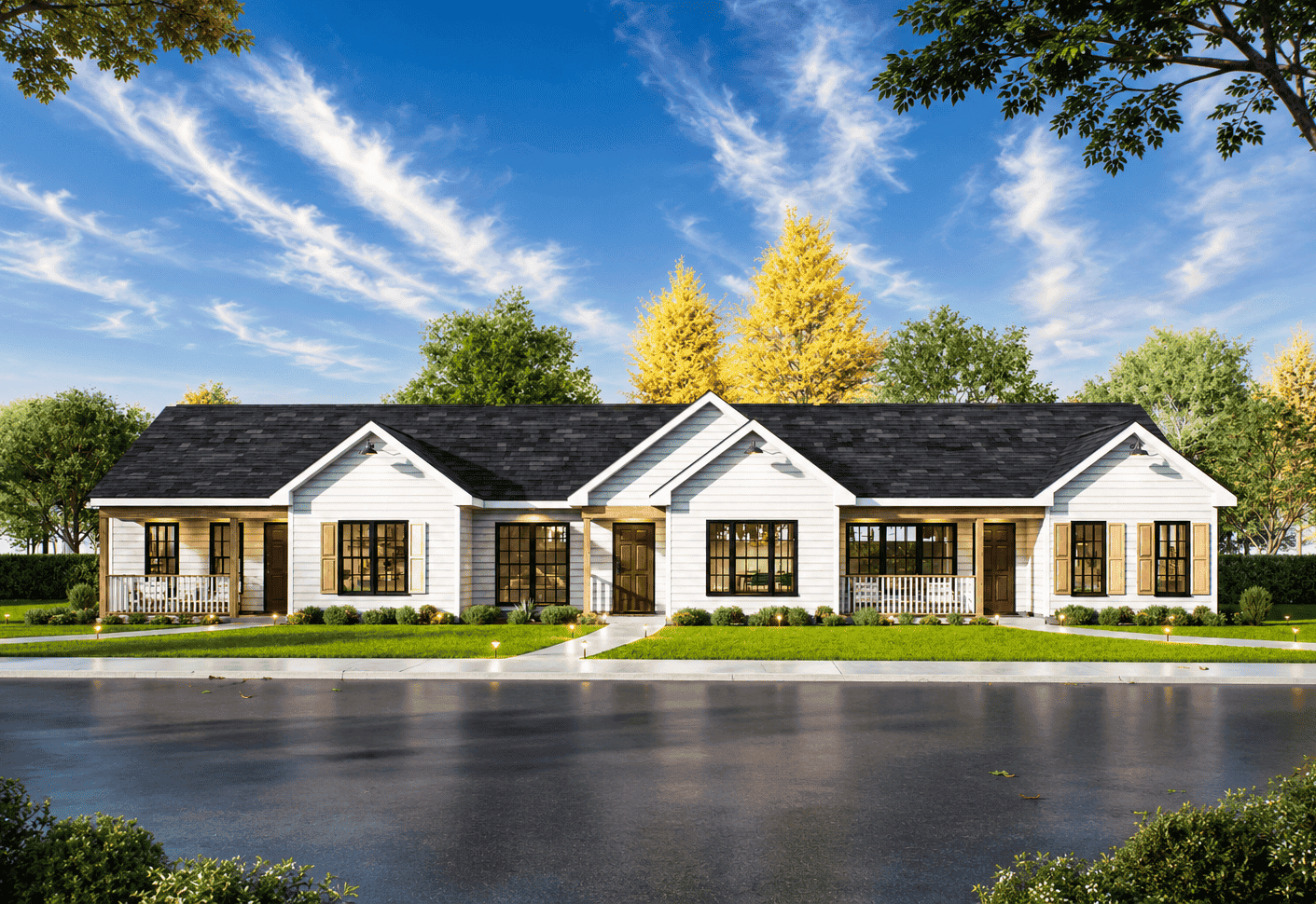 Three-unit triplex in ranch style steps beneath staggered gable rooflines, with covered front porches anchoring each unit's entry and vinyl siding wrapping the 83-foot façade. 1 bed, 1 bath per unit, 2,564 sq ft - Plan #198-1298
