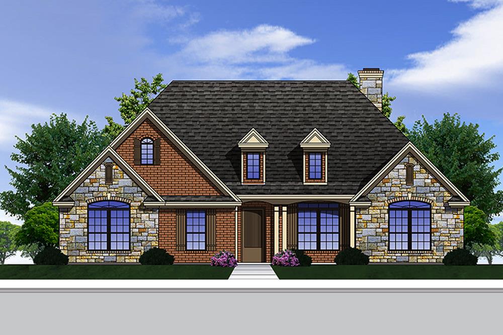 Front elevation of European home plan (ThePlanCollection: House Plan #199-1003)