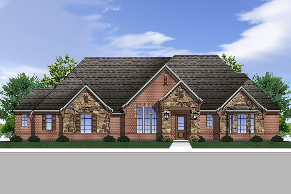 Front elevation of European home plan (ThePlanCollection: House Plan #199-1006)