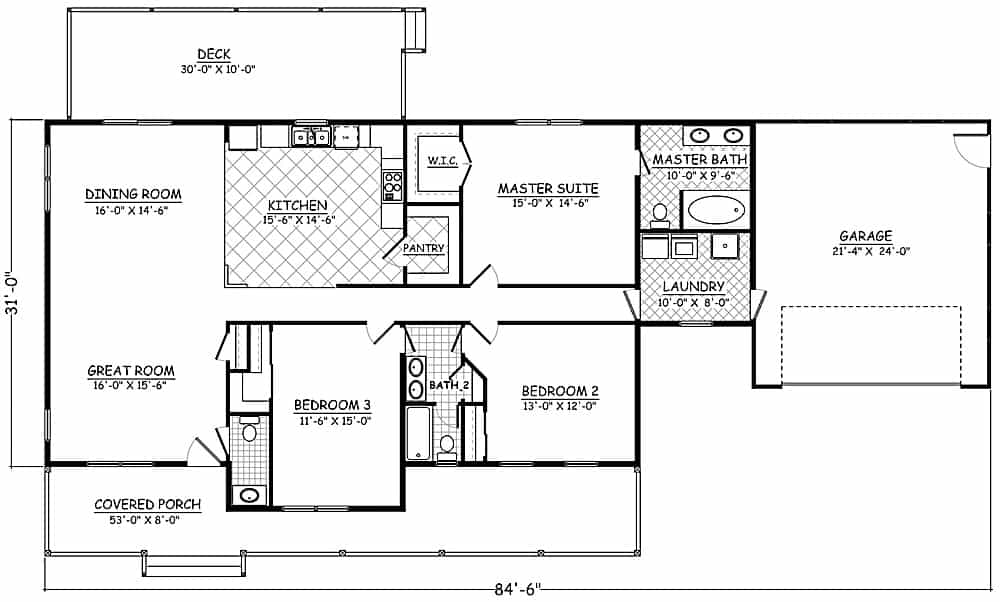 Floor Plan Main Level of Ranch Plan #200-1085