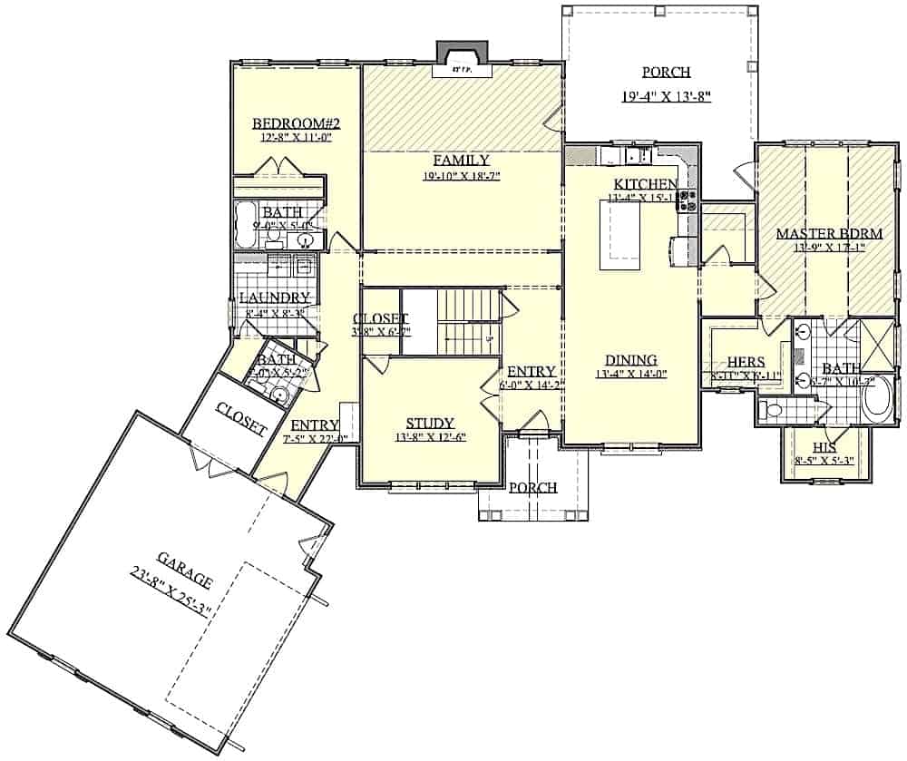Floor Plan Main Level of Farmhouse Plan #201-1007