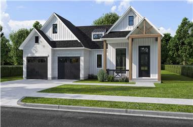 Front view of 3 bedroom, 2 bath modern farmhouse with 2-car garage
