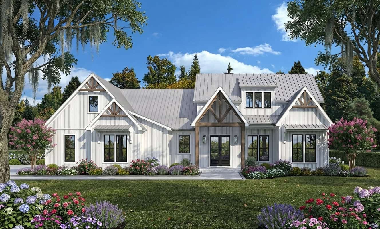 Front elevation of Modern Farmhouse home (ThePlanCollection: House Plan #204-1052)