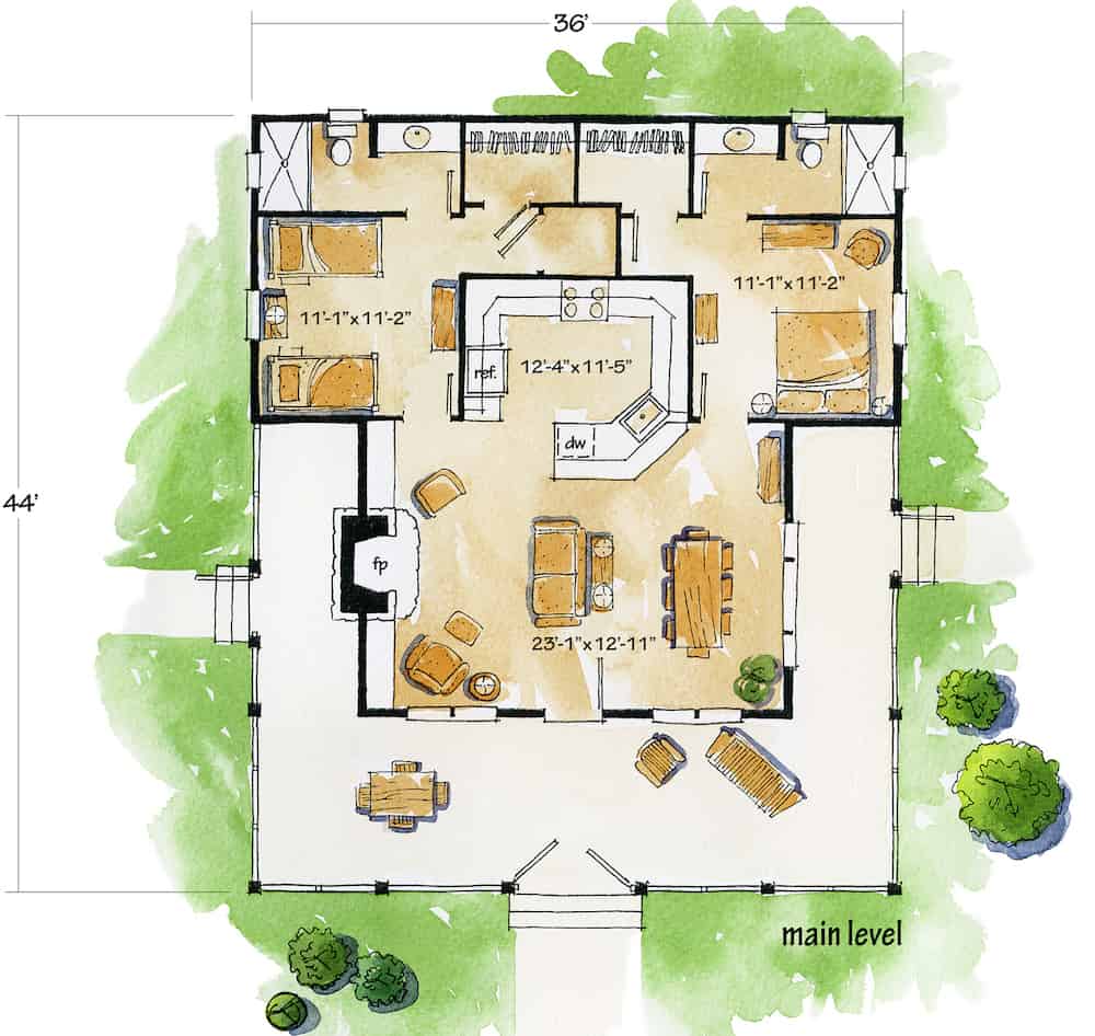 Floor Plan Main Level of Cottage Plan #205-1001